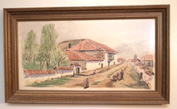 Signed Watercolor Of A Traditional Village Landscape 1964