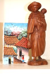 Vintage Hand Carved Wood Figure & Miniature Painting From Nicaragua Signed By The Artist