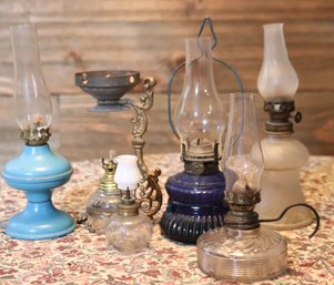 Lot Of 6 Miniature Oil Lamps With Glass And Metal Examples.