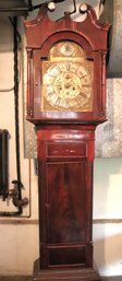 Antique Crotch Mahogany Grandfather Clock Metal Brass Face, No Pendulum/ With Movement No Hands