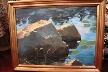 Signed Landscape Painting Of Lily Pond With Protruding Rocks