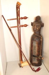 Vintage Hand Carved Wood African Yaka Drum Sculpture Includes Chinese Erhu Instrument As Pictured!