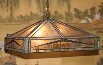Large Antique Stained Glass Ceiling Light Fixture With Antique Hanging Chain