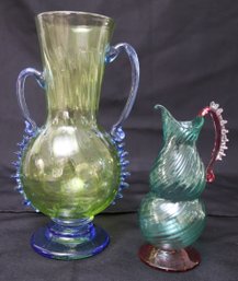 Two Hand Blown Murano Glass Vases With Green Coloring And Spiky Handles.