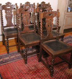 Set Of 6 Antique Oak Carved Wood Dining Chairs With Turned Spiral Legs, Woven Cane Seat Rest