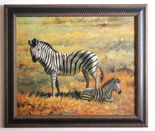 Zebra Mare And Foal Painting Signed By The Artist Morante
