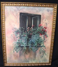 Framed Giclee Artwork, Signed Francesca, With Planted Geraniums On A Balcony