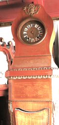 French Inlaid Marquetry Grandfather Clock With Brass & Enamel Face, Claw Feet Bell Chime.