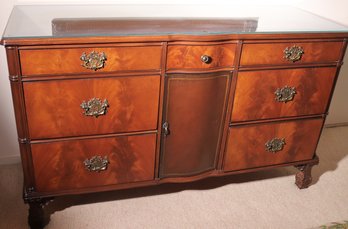 Vintage Mahogany Chippendale Style Dresser With Leather Door Panel And Protective Glass