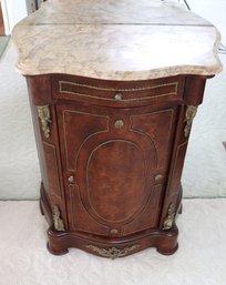 Antique French Style Burl Wood Cabinet With Ormolu And Marble Top