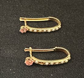 18K YG Pretty Pair Of Stirrup Style Earrings With Seed Pearls And Pink Topaz Accent Stone-Signed