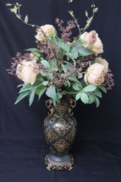Beautiful Green Glass Vase With Gold Etched Design, Brass Handles, And Tall Silk Floral Arrangement.