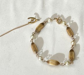 14K YG 7.5 Inch Vintage Pearl And Fancy Link Bracelet