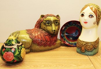 Collection Of Folk Art Includes Gemma Taccogna Mexico Lion, Lady, HandPainted Bowl And Gourd Trinket Box