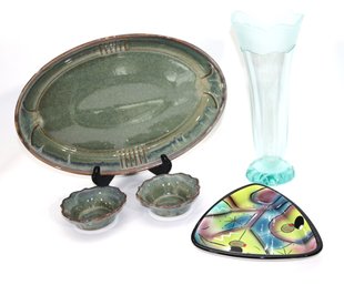 Lot Of Decorative Items With Glazed Ceramic Serving Dish & Small Bowls, Olive Dish & Glass Vase