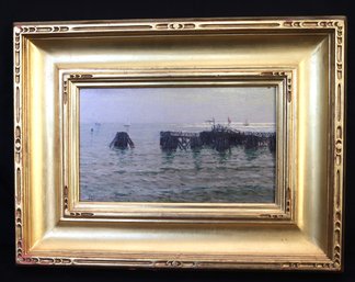 Vintage Nautical Landscape Painting On Board By Listed Realist Artist Joseph McGurl 1992 In A Gilded Frame