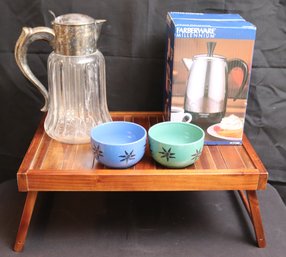 Breakfast In Bed Includes A Serving Tray, Farberware Percolator, Vintage Glass Pitcher Tobin James Dishwasher