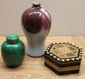 Collection Includes Intricate Handmade Inlaid Trinket Box,  Ginger Jar And 8' Flower Vase