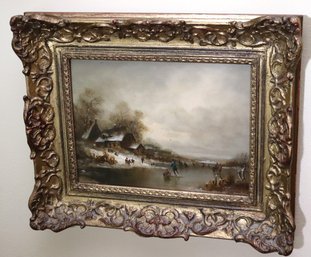 Antique Oil Painting On Wood Of Ice Skaters On Countryside Pond.