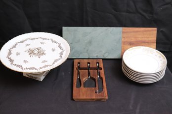 Limoge France Pedestal Cake Dish, Wood/stone Cheese Board Set And Coronet Signature Collection Select Bowl Set