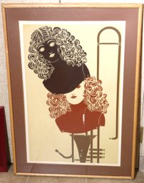 Framed Pencil Signed Lithograph Of Woman With Mask And Saxophone.