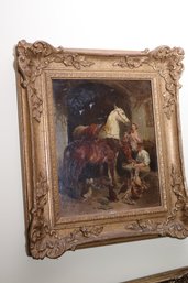 Signed Chichester English Oil On Canvas Of Country Couple With Horses.