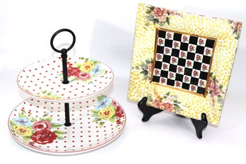 Mackenzie Childs Decorative Plate With Roses & 2 Tier Cookie Plate With Polka Dots