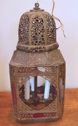 Middle Eastern Pierced Metal Lantern With Glass Inserts.