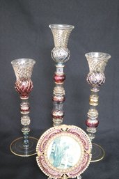 3 Mackenzie Childs Blown Glass Single-Stem Vases And Round Bejeweled Enamel Frame