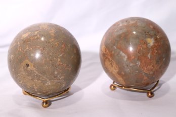 Pair Of 2 Decorative 4-inch Polished Marble Spheres, Includes Display Stands/ Rings