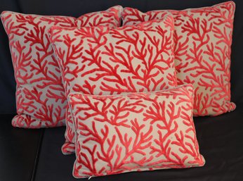 Set Of 4 Gorgeous Accent Pillows With A Textured Coral Design, Zipper Covers & Piping