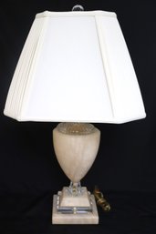 Light Beige Alabaster Lamp With Glass Accents And Pleated Shade