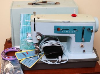 Vintage 1960s Singer Sewing Machine In An Aqua Blue Tone With Foot Pedal