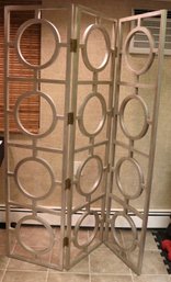 Contemporary 3 Panel Silvered Wood Screen With Circular Design.