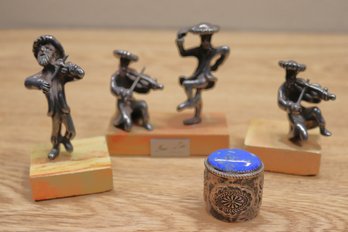 Sterling Silver Ben Zion Israel Klezmer Miniatures & Small Sterling Pill Container With A Blue Stone