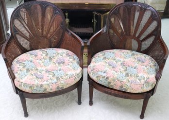 Pair Of Very Special Mahogany And Double Canned Fan Back Armchairs With Caned Seat And Floral Cushions