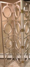 Contemporary 3 Panel Silver Wood Screen With Circular Cut Out Design.