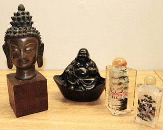 Hand Painted Inside Snuff Bottles, Carved Resin Buddha & Brass Buddha Head On Stand