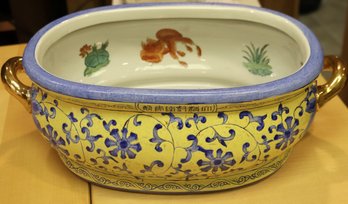 Decorative Painted Chinese Centerpiece Bowl With Gold Handles.