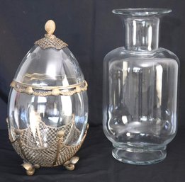 Large Oversized Hand-blown Glass Floor Vase, Fabulous Glass Jar Encased In Brass Liner With Shell Motif