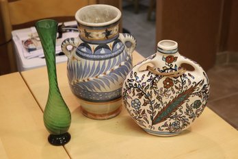 Three Decorative Items With 2 Ceramic Vases And A Glass Bud Vase
