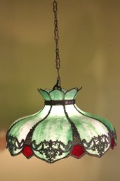 Antique Green Slag, Glass Lamp With Red Highlights, And Beautiful Metal Work