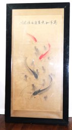 Vintage Asian Koi Fish Painting With Hanzi Characters & Stamp Inside A Plexiglass Frame, Over 5 Feet Tall