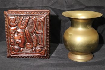 Includes A Brass Spittoon And Hand Carved Folk Art Wood Box That Opens On Hinges