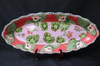 Whimsical Hand Painted Ceramic Oval Dish By Droll Designs Featuring Lily Pads