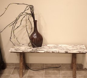 Rustic Bench With Marble Top And Maroon, Ceramic Vase