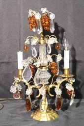 Ornate French Girandole Brass Table Lamp Made In France With Amber Toned Grape Clusters And Floral Crystals