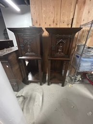 Pair Of 19th Gothic Style Belgian Tall Cabinet With Carved Door Panel And Iron Latch