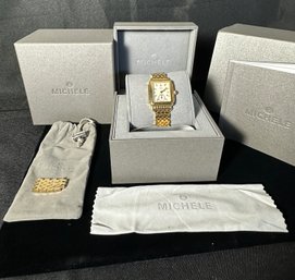 Michele Yellow Gold Plated SS Deco 16 Quartz Watch With 18 Diamonds -Working Condition