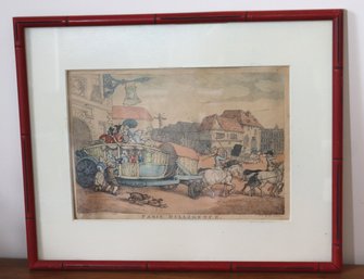 Antique Etching Of 18th Century Caricature Figures By Rowlandson In Red Faux Bamboo Frame.